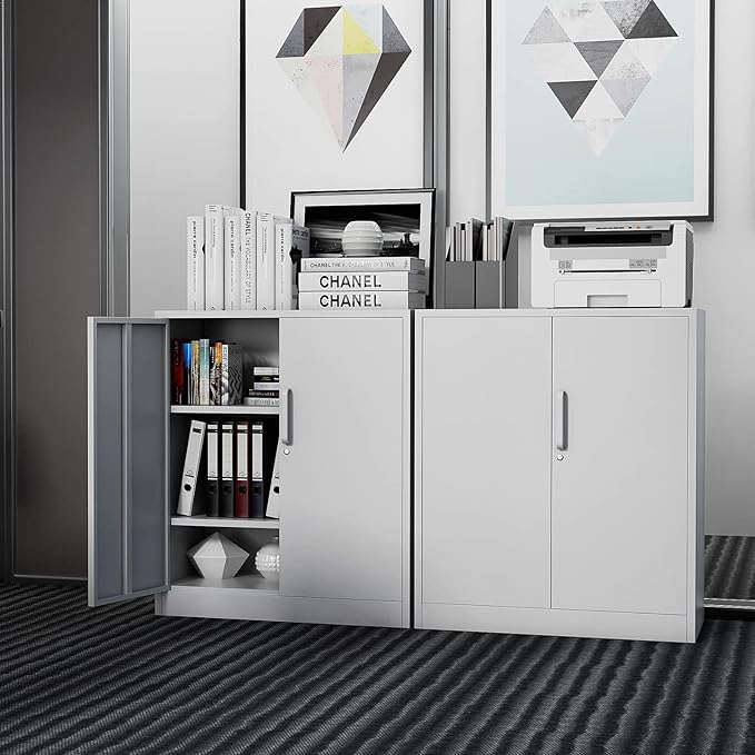 Metal Storage Cabinet with Lock, 36" Small Steel Locker Storage Cabinets, 2 Adjustable Shelves 2 Doors for Home, Office, Garage and Kitchen (White)