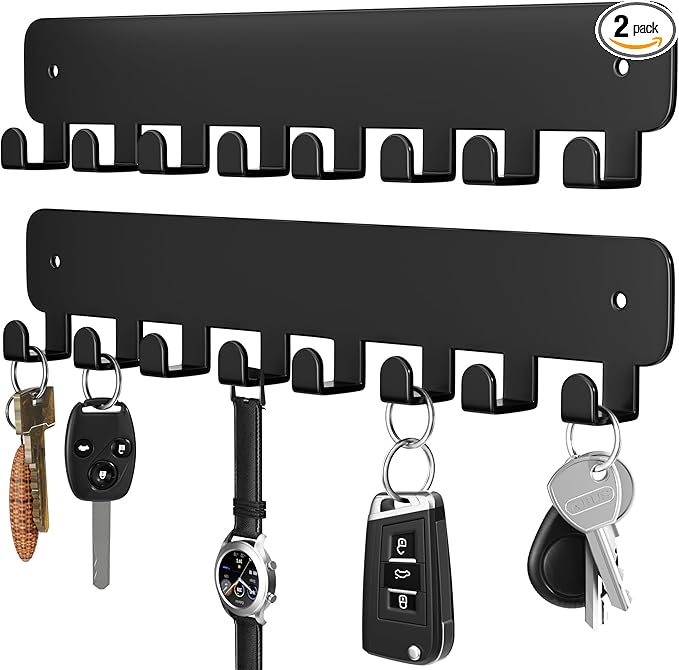 pickpiff Key Holder Wall Mount, Adhesive Key Rack with 8 Hooks Hanger for Car Key Ring, Metal Key Chain Organizer, Black 2 Pack
