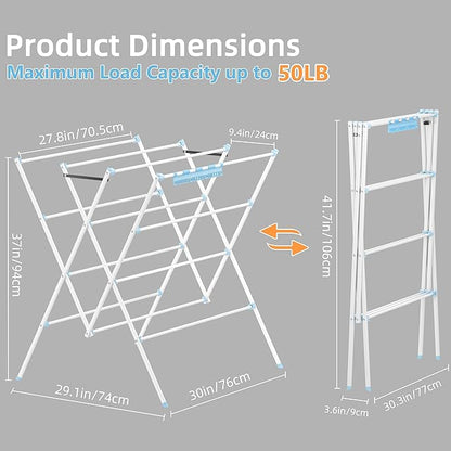 HOMIDEC Drying Rack Clothing,Large 12 Drying Poles with Sock Clips Clothes Drying Rack,Foldable Portable Laundry Drying Rack for Air Drying Clothing,Towels,Delicate Eac,Indoor Outdoor Use.White&Blue