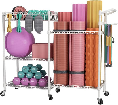 SINGAYE Dumbbell Rack Stand With Yoga Mat Storage, Gym Equipment Organizer, Cart for Workout Room, Home Gym With Hooks and Wheels