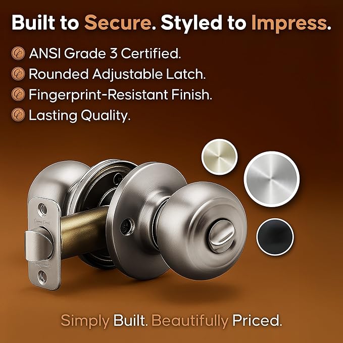 Copper Creek Polished Stainless Door Knobs - Round Colonial Knob with Privacy Locking Function for Home Improvement, 1 Pack - Fits All Standard Doors - Locking Door Knob for Bedroom and Bathroom Use