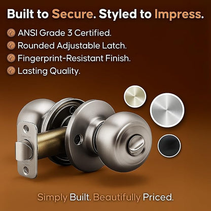 Copper Creek Polished Stainless Door Knobs - Round Colonial Knob with Privacy Locking Function for Home Improvement, 1 Pack - Fits All Standard Doors - Locking Door Knob for Bedroom and Bathroom Use