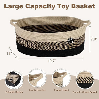 Dog Toy Basket, Toy Box and Bin for Dog Cat Storage, 19.7" X 11" X 7.9" (30L) Large Woven Rope Basket for Blanket Storage, Living Room, Bedroom, Black & Brown