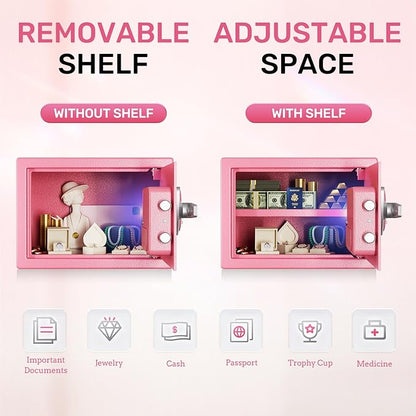 BlackSmith Home Biometric Safe 1.0 Cub Quick Access Fingerprint Lock Box With Keys Keypad Wall Mount Cabinet Safe Secure Money Jewelry with Fireproof Bag Mute Mode LED Light, Pink