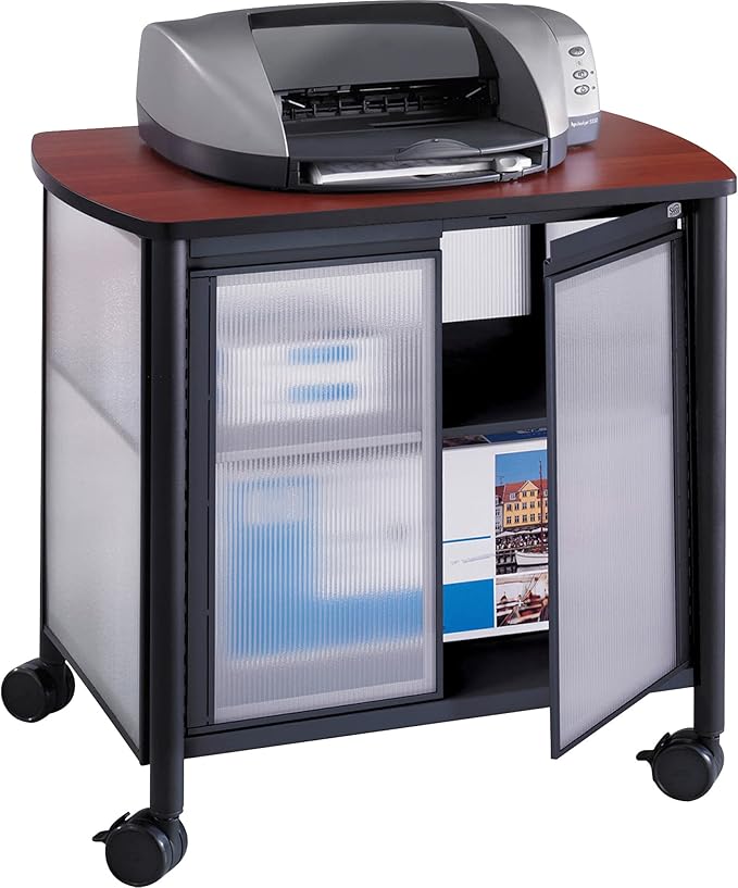 Safco 1859BL Impromptu Mobile Multi-Use Print Stand with Doors, Hide & Organize Supplies, Cherry Top, Black Frame, Weight 200 lbs. Capacity, Contemporary Design, Swivel Mobile Wheels