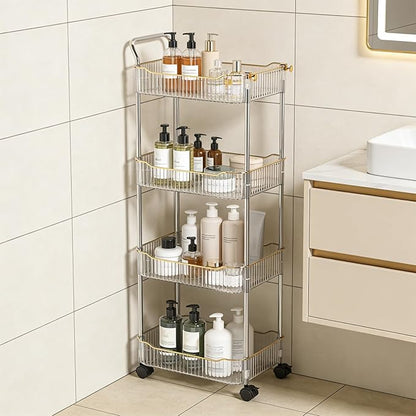 4-Tier Acrylic Rolling Storage Cart, Rolling Utility Cart, Kitchen Storage Cart with Wheels for Bathroom,Living Room, Kithcen, Office Storage and Organization (14''X10''X37'')(Clear)