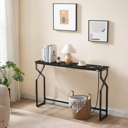 Console Sofa Table, 44.9" Entryway Table with Power Station, Narrow Couch Table with USB Ports and Outlets, Metal Frame, for Entrance, Living Room, Black CTHB113E01
