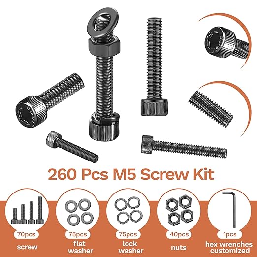 260 Pcs M5 Screws Assortment Kit, M5x 8/10/12/16/20/25/30/35mm M5 Bolts Kit 12.9 Alloy Steel Nuts and Bolts Assortment Kit Black Zinc Plated Hex Socket Head Screws Nuts Bolts and Washers Set