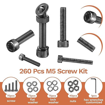 260 Pcs M5 Screws Assortment Kit, M5x 8/10/12/16/20/25/30/35mm M5 Bolts Kit 12.9 Alloy Steel Nuts and Bolts Assortment Kit Black Zinc Plated Hex Socket Head Screws Nuts Bolts and Washers Set