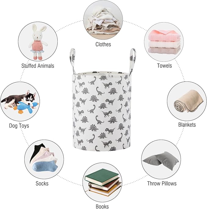 Large Storage Basket for Girls and Boys, Collapsible Laundry Hamper with Long Handles, Toy Bins for Nursery, Kids Room Décor (Grey Dinosaur)