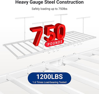 FLEXIMOUNTS 4x8 Overhead Garage Storage Rack with 6 Hooks, Adjustable Storage Organization System, Heavy-Duty Metal Ceiling Racks, 22.6" -39.4" Ceiling Dropdown, 2 Pack, White, Lite Series