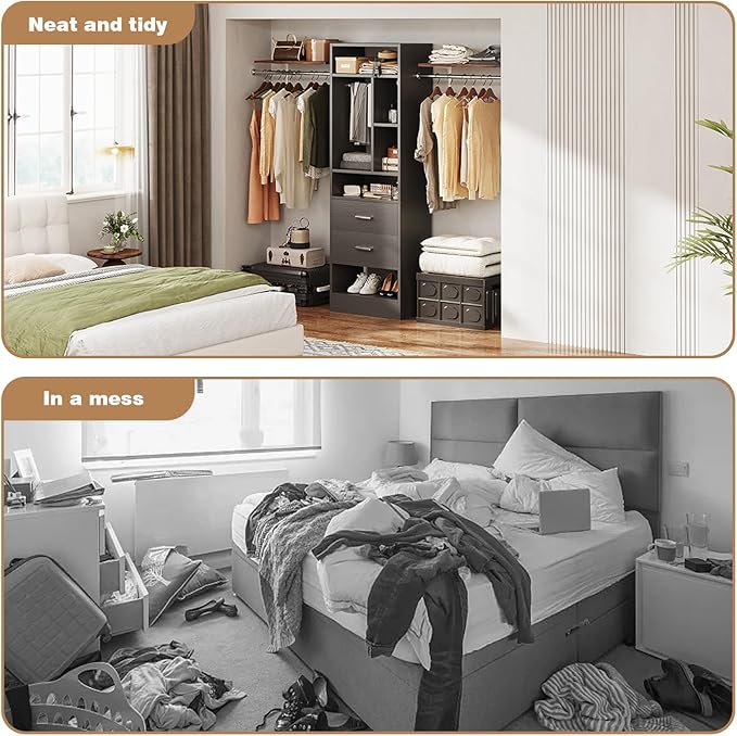COTUBLR Closet System, 48" W - 105” W Closet Organizer with 24” Tower and 2 Extendable Hanging Rods, Walk-in Wardrobe Garment Rack with 2 Wooden Drawers and 6 Shelves, Fit up to 600 LBS (Black)