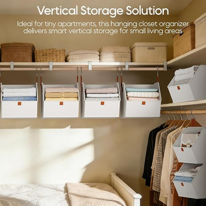 Collapsible Hanging Closet Organizer - 3 Tier Closet Shelves Storage System with Hooks, Fabric Hanging Storage Bins for Clothes, Foldable Storage Basket for Laundry, Bedroom, Rv, White