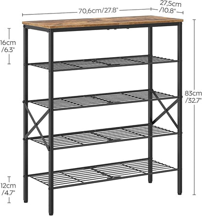 5-Tier Shoe Rack, Shoe Storage for Entryway and Closet, Free Standing Shoe Organizer with Metal Mesh Shelves, 16-20 Pairs of Shoes, Rustic Brown and Black SS05BR