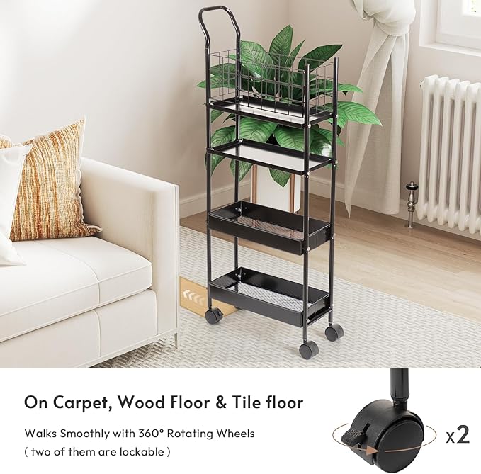 danpinera 4 Tier Slim Cart with Wheels, 7.7’’ Metal Skinny Rolling Storage Cart on Wheels for Kitchen, Bedroom, Office, Laundry Room, Small Narrow Spaces with Hooks and Cups, Black