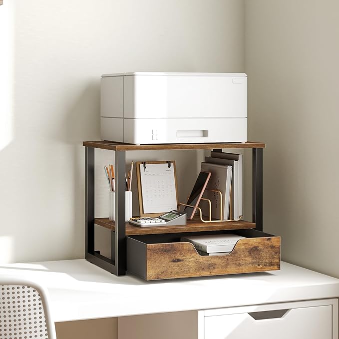 Desktop Printer Stand, 2-Tier Printer Table with Non-Woven Drawer, Multi-Purpose Desk Organizer for Home Office, Under Desk Open Organizer Shelf, Rustic Brown PS01BR