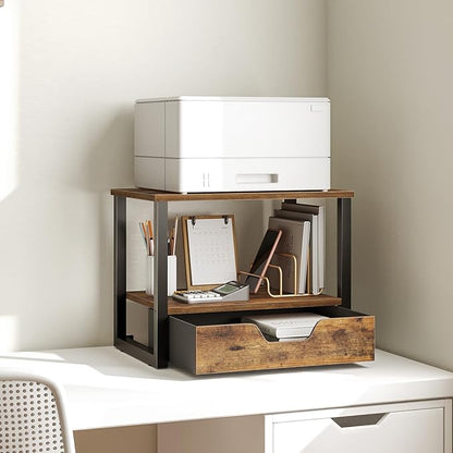 Desktop Printer Stand, 2-Tier Printer Table with Non-Woven Drawer, Multi-Purpose Desk Organizer for Home Office, Under Desk Open Organizer Shelf, Rustic Brown PS01BR