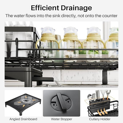 Dish Drying Rack, Extendable Dish Rack, Large Sink Drying Dish Drainer for Kitchen Counter, Carbon Steel Dish Strainer with Utensil Holder,Black