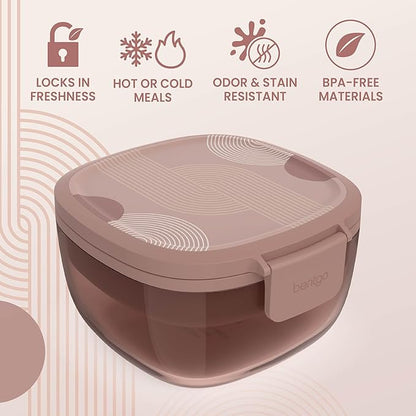 Bentgo Glass Prints Salad Container - 7.6-Cup Tinted Glass Salad Bowl with Airtight Lid, Leak-Proof Sauce Container, 4-Compartment Bento Meal Prep Tray & Reusable Fork (Mod Curve - Desert Rose)
