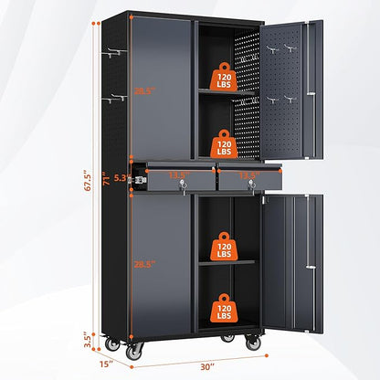 Garage Storage Cabinet with Wheels, 8 Hooks and Pegboards, 71" H 2 Drawer Rolling Metal Storage Cabinet with Locking Doors and 2 Adjustable Shelves for Garage, Warehouse, Black and Dark Gray