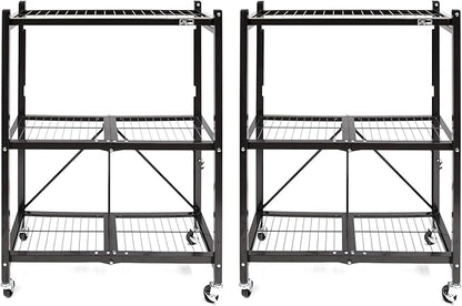 Origami 2-Pack General Purpose Foldable 3-Tier Shelf Storage Rack & Wheels, R3, Black