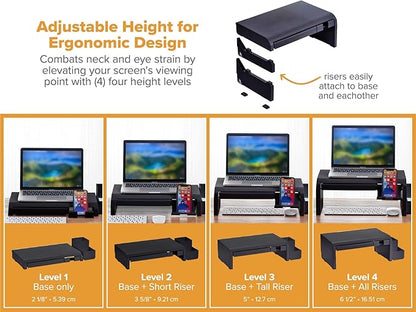 Bostitch Konnect Adjustable Monitor Riser with Drawer, Cell Phone Stand & Pencil Holder, Laptop Stand for Desk, 4 Height Levels, Cable Management & Rubber Feet