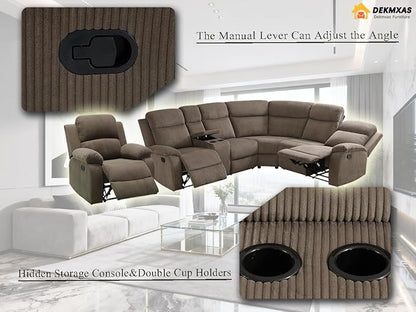 Recliner Sectional Sofa Set with Cup Holder, Living Room Furniture, Corduroy Manual Reclining Sectional Corner Sofa Set and Recliner Chair with Drop-down Table, Storage Console for Living Room