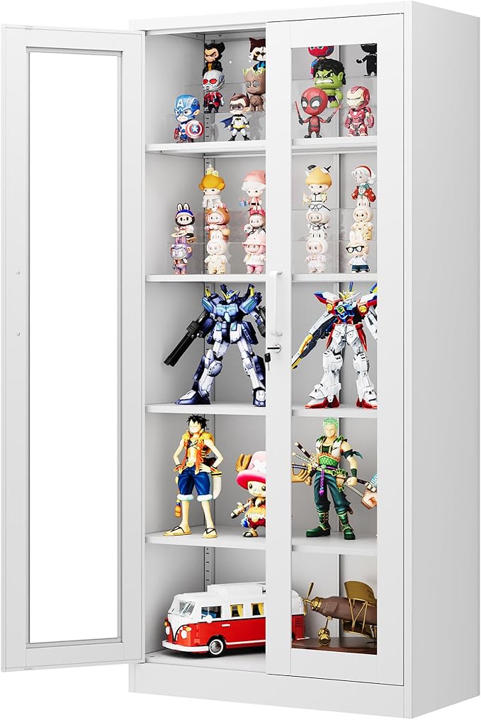 Display Cabinet with Glass Doors, 71 Inches Metal Display Case with 4 Adjustable Shelves, Curio Storage Cabinet with Lock for Home, Office, Book, Pantry, Assemble Required (White)