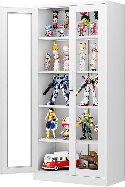Display Cabinet with Glass Doors, 71 Inches Metal Display Case with 4 Adjustable Shelves, Curio Storage Cabinet with Lock for Home, Office, Book, Pantry, Assemble Required (White)