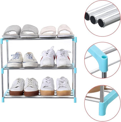 Stackable Small Shoe Rack, Entryway, Hallway and Closet Space Saving Storage and Organization (3-Tier, Blue)