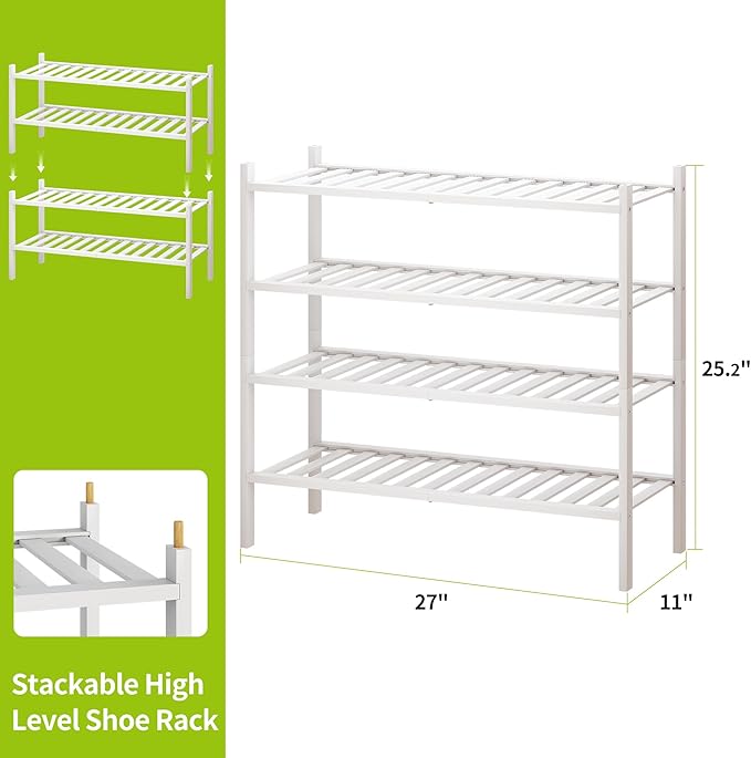 BMOSU 4-Tier Bamboo Shoe Rack Premium Stackable Shoe Shelf Storage Organizer for Hallway Closet Living Room Entryway Organizer(White Bamboo)
