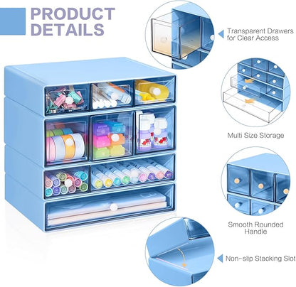 Desk Storage Organizer with 9 Drawers, 4 Tiers Stackable Desktop Craft Storage Drawers, Clear Storage Box Caddy for Stationary Makeup Jewelry Office Craft Supplies (Blue)