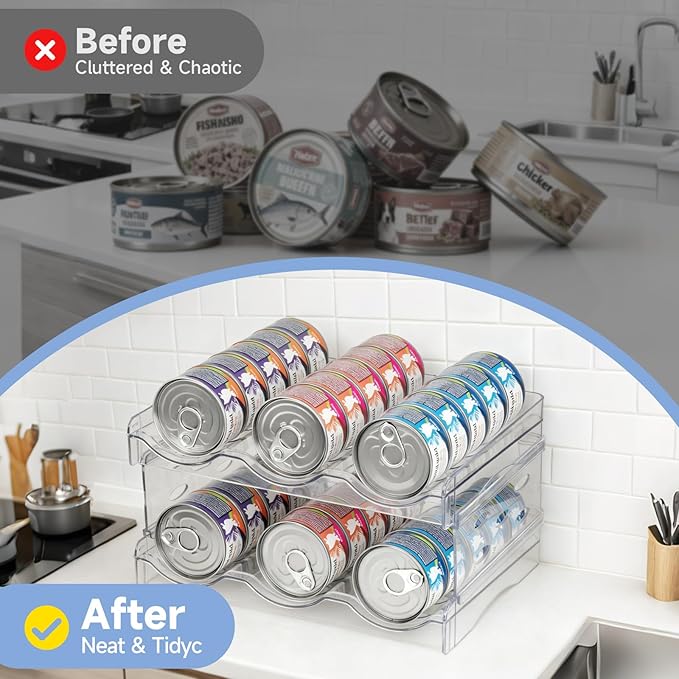 Cat Food Can Organizer,Can Organizer for Pantry,2-Layers Transparent Cat Food Organizer Container Holds 36 (3.5oz) Cans,Canned Cat Food Organizer and Storage for Countertop Kitchen Cabinet
