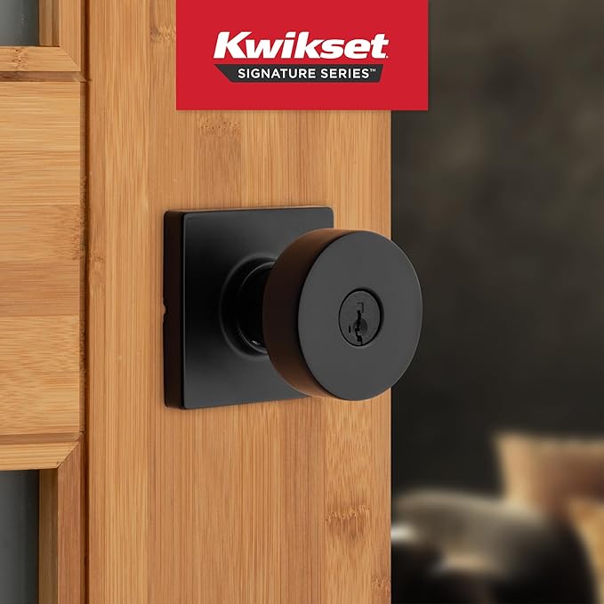 Kwikset Pismo Entry Door Knob with Lock and Key, Secure Keyed Handle Exterior, Front Entrance and Bedroom, Matte Black, Pick Resistant SmartKey Rekey Security and Microban