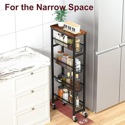 Honest Slim Storage Cart 4-Tier Slim Rolling Cart with Metal Frame and Wooden Top, 6.3 Inches, Storage Cart for Kitchen, Dining Room, Living Room, Bathroom, Home Office, Rustic Brown and Black