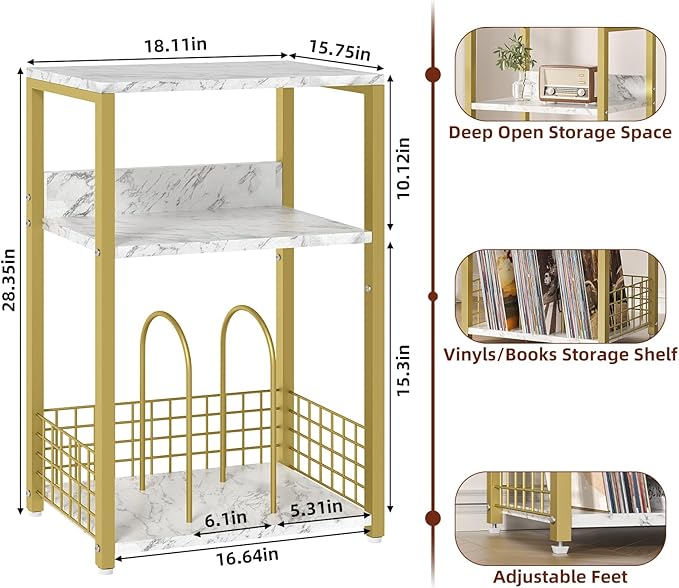 LELELINKY Large White Marble Record Player Stand with Golden Metal Frame, 3 Tier 18" Wide Big End Table with Vinyl Storage Up to 130 Albums, Industrial Turntable Printer Tables for Living Room, Office