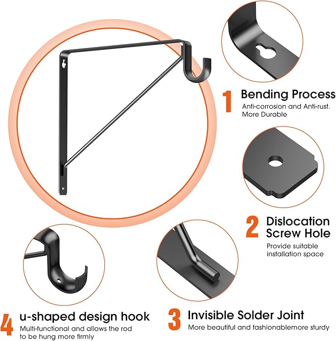 Pisman Closet Rod Bracket Heavy Duty,Shelf Bracket with Rod Holder- Black Closet Rod Support & Closet Shelf and Rod Bracket for Storage, 10 Inch 2pcs