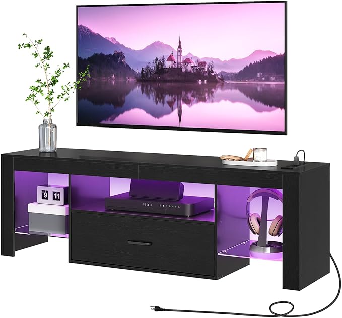 HOOBRO LED TV Stand with Power Outlets to 65 inch TV, Gaming Entertainment Center with Glass Shelves and Large Drawer, Modern Media TV Console Table for Living Room Bedroom, Black BB14UDDS01G1