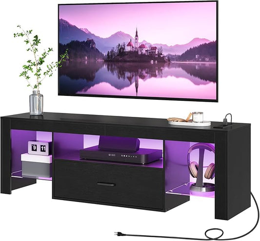 HOOBRO LED TV Stand with Power Outlets to 65 inch TV, Gaming Entertainment Center with Glass Shelves and Large Drawer, Modern Media TV Console Table for Living Room Bedroom, Black BB14UDDS01G1