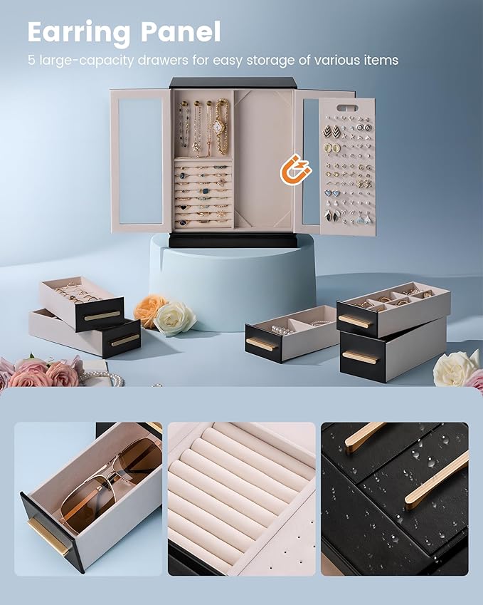 Lolalet Rotating 360° Jewelry Box, Clear Window Jewellery Storage for Earrings Bracelets Necklaces Rings, Large Vertical Organizer for Women, Valentine's Day Gift -Black
