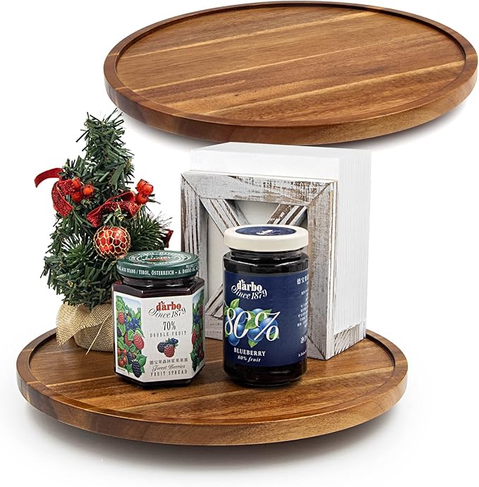 Lazy Susan Organizer for Table, 10 Inch Wooden Lazy Susan Turntable for Cabinet, Acacia Wood Turntable Kitchen Spice Rack (2 Pack)