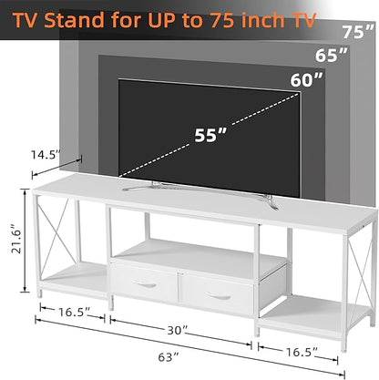 GYIIYUO TV Stand with Fabric Drawer for 65 70 75 Inches TV - Entertainment Center and Industrial TV Console Table with Open Storage Shelves for Living Room, Bedroom - 63" White
