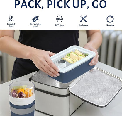 Stainless Steel Bento Lunch Box Set for Adult - 42oz Leak-Proof Bento Lunch Box Container with Thermo, Insulated Bag for Work Travel Dining Out