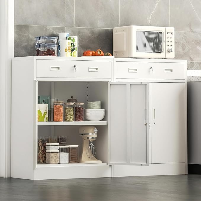 Metal Storage Cabinet, Locking Cabinet with 1 Drawer and Adjustable Shelf, 36" H x 28" W x 16" D Steel Storage Cabinet for Office, Garage, Home-White