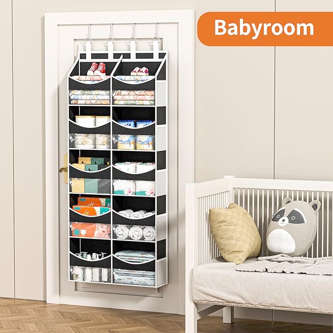 Aokeyee 5 Tiers Over the Door Storage Organizer, Behind Door Storage for Baby Nursery, 80lb Capacity Door Hanging Organizer with 10 Compartments & 10 Mesh Pockets for Closet, Bedroom, Bathroom, Toys