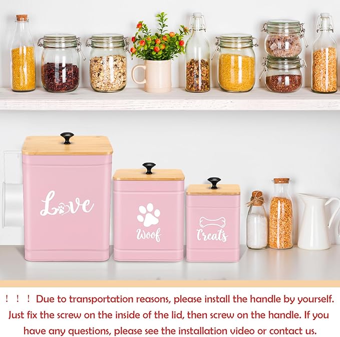 Metal Dog Treat Containers Set of 3 with Bamboo Lids and Spoon Airtight 7+3+2 lbs Dog Food Snack Jars with DIY Labels Big Pet Cookie Storage Jar for Kitchen Counter (Pink,Funny)