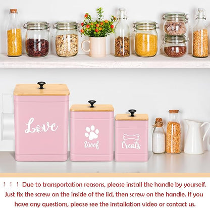 Metal Dog Treat Containers Set of 3 with Bamboo Lids and Spoon Airtight 7+3+2 lbs Dog Food Snack Jars with DIY Labels Big Pet Cookie Storage Jar for Kitchen Counter (Pink,Funny)