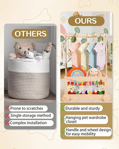 Wooden Dog Closet Pet Wardrobe Organizer, 20 x 13 x 9 Inch Pet Clothes Storage Crate with Hanging Rack, 10 Hangers, Rope & Clips for Dog Puppy Cat Toys Clothes Accessories