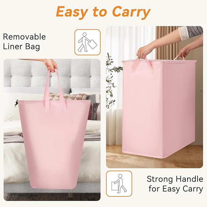 Chrislley 140L Laundry Hamper 2 Section, Double Laundry Basket with Lid, Large Dirty Clothes Hamper with Removable Liner Bags, Collapsible Laundry Organizer for Bedroom, Dorm,Pink
