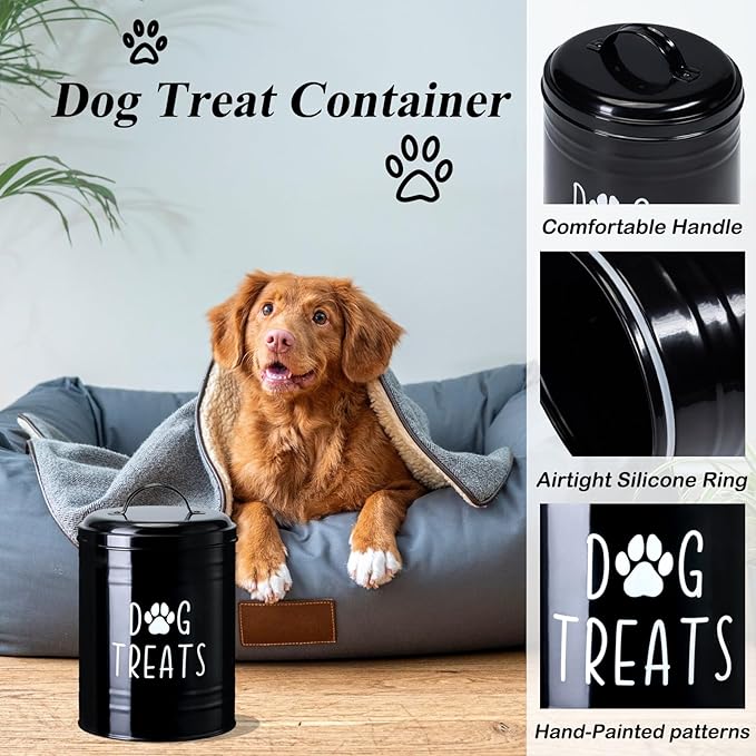 Dog Treat Container Airtight, Dog Treat Jar with Lid - 9x5.5'' Metal Dog Cookie Jar for Farmhouse Kitchen Counter, Black Pet Treat Container, Dog Treat Storage Container for Dogs, Cats